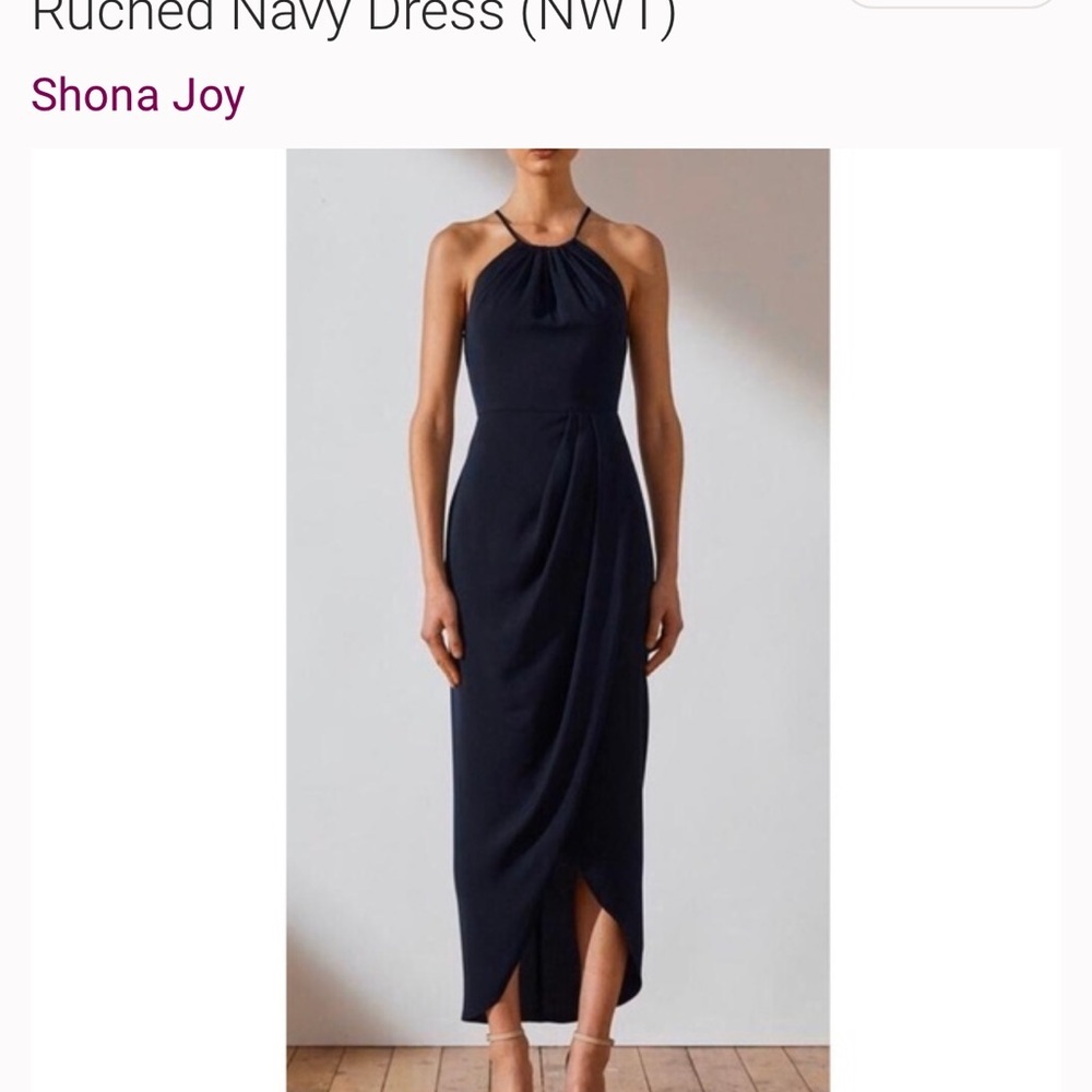 Shona Joy Navy Blue Ruched Halter Midi Dress NWOT Size 2